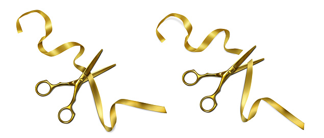 Golden scissors cut ribbon on grand open ceremony, launch event or inauguration. Vector realistic illustration of yellow metal scissors cutting gold tape isolated on white background