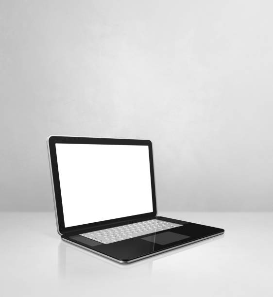 istock Laptop computer on white concrete office scene background 1301711774