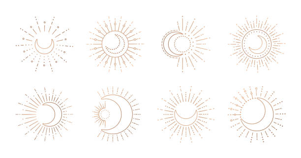 Sun and moon line art logo. Boho ray sun, mystic moon tattoo Sun and moon line art logo. Boho ray sun, mystic moon tattoo. moon symbols stock illustrations