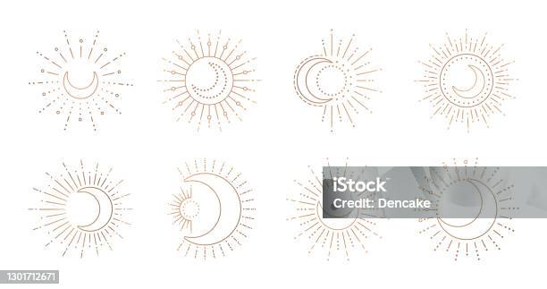 Sun And Moon Line Art Logo Boho Ray Sun Mystic Moon Tattoo Stock  Illustration - Download Image Now - iStock