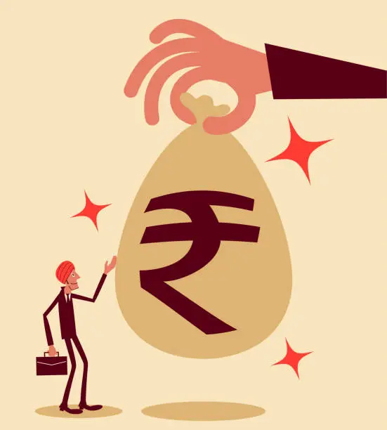 Vector illustration of Giant hand (big business, government) giving the small businessman a big money bag with an Indian rupee sign