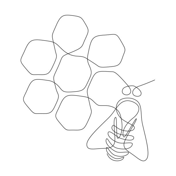 ハニカムと蜂の1本の線画。ミツバチ農場のアイコンコンセプトからスズメプ動物の形。ロゴやエンブレムのためのトレンディな連続ラインアート。ベクトルの図 - bee honey bee single flower honey点のイラスト素材／クリップアート素材／マンガ素材／アイコン素材