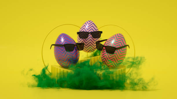 istock Easter eggs with sunglasses and smoke, yellow background 1301713696