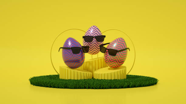 istock Easter eggs with sunglasses and grass, yellow background 1301713754