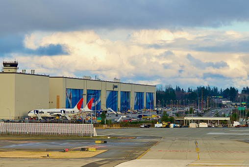 Everett, Washington, USA - February 14, 2012: Two new Boeing 787 Dreamliner passenger aircraft built for Japan Airlines outside its Everett Production Facility at Paine Field.