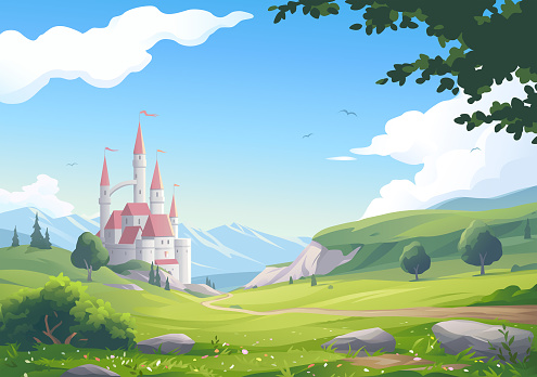 Vector illustration of a medieval fantasy castle with towers and flags in an idyllic rural landscape with a flower meadow, mountains, trees, hills, and a road leading to the castle.
