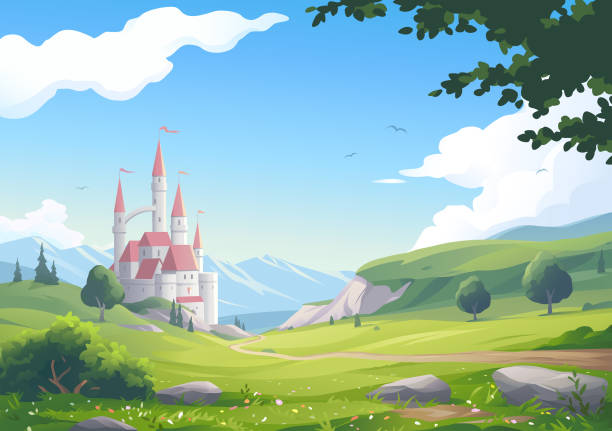Beautiful Landscape With Castle Vector illustration of a medieval fantasy castle with towers and flags in an idyllic rural landscape with a flower meadow, mountains, trees, hills, and a road leading to the castle. medieval illustrations stock illustrations