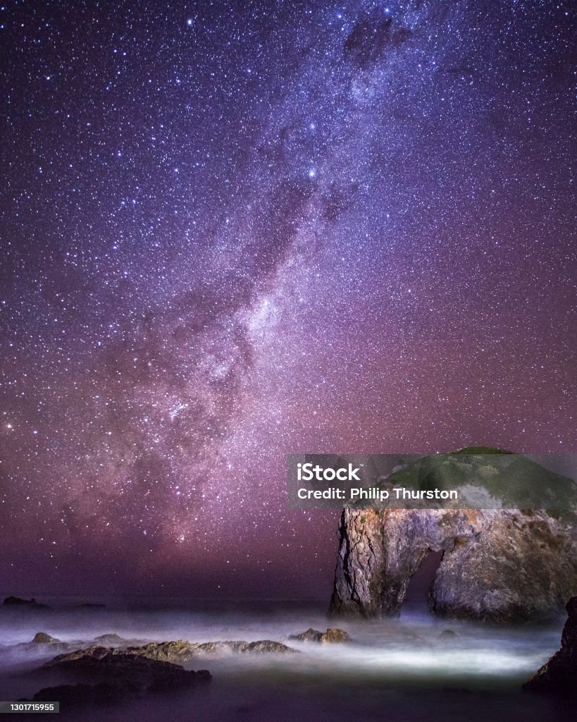 Milky way galaxy night scene over coastal rock formations Milky way galaxy night scene over coastal rock formations at horse head rock, Australia Milky Way Stock Photo