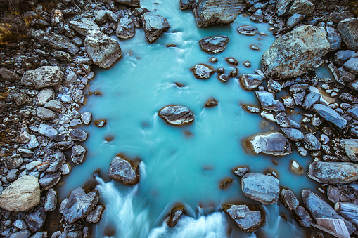 Flowing river rapids photographed from directly above with motion blur