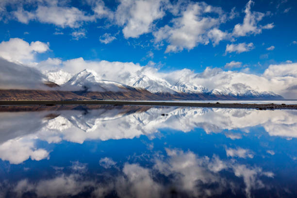 Snow capped mountain range reflecting perfectly on mirror lake with bright blue sky