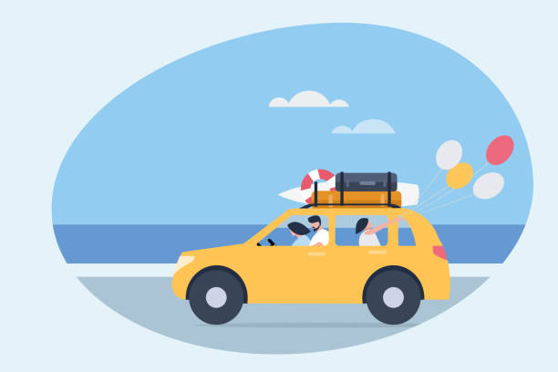 A family on a vacation trip travelling in a car on a beach road A family on a vacation trip travelling in a car on a beach road family in car stock illustrations
