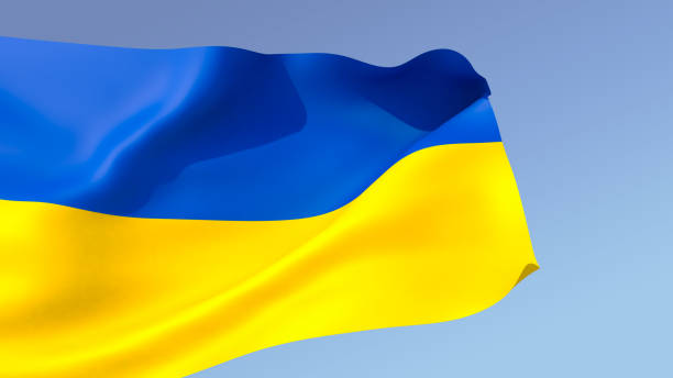 3D illustration. The large flag of Ukraine unfolds in the wind against blue sky background 3D illustration. The large flag of Ukraine unfolds in the wind against blue sky background with gradient. ukrainian flag stock pictures, royalty-free photos & images