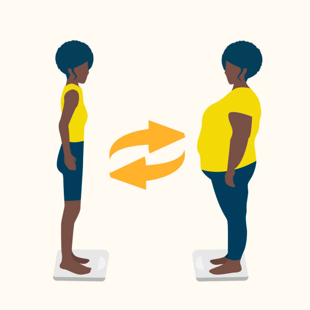 ilustrações de stock, clip art, desenhos animados e ícones de body positive black woman. vector illustration of a thin and fat woman. girls stand on the scales. illustration for social media, poster, web and app. eps 10 - anorexia