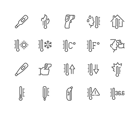 Simple Set of Temperature Related Vector Line Icons. 
Contains such Icons as Thermometer, Pyrometer, Body Temperature Check and more. Editable Stroke. 48x48 Pixel Perfect.