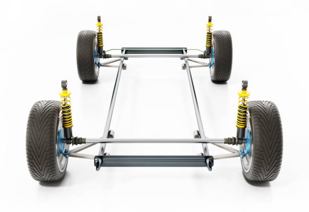 diagrama 3d que muestra el amortiguador del coche, la conexión de neumáticos y chasis - shock absorber car part of motorcycle fotografías e imágenes de stock