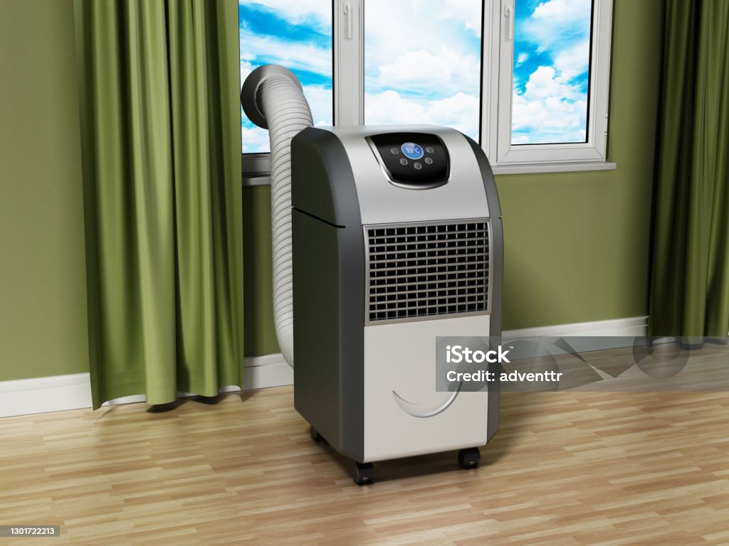 Generic portable air conditioner standing near the window in the room Generic portable air conditioner standing near the window in the room. Air Conditioner Stock Photo
