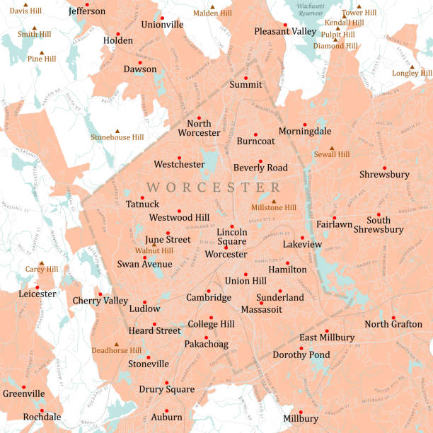 ilustrações, clipart, desenhos animados e ícones de mapa do vetor ma worcester - worcester