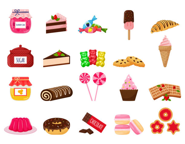 A set of sweets. Sweet pastries, cake, sweets, desserts. A collection of delicious, high-calorie food. Illustration in a cartoon flat style. Isolated on a white background. A set of sweets. Sweet pastries, cake, sweets, desserts. A collection of delicious, high-calorie food. Illustration in a cartoon flat style. Isolated on a white background jello illustrations stock illustrations