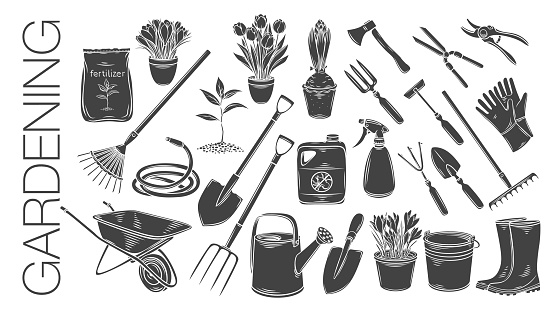 Gardening tools and plants or flowers glyph icons. Monochrome vector of rubber boots, seedling, tulips, gardening can and cutter. Fertilizer, glove, crocus, insecticide, wheelbarrow and watering hose.