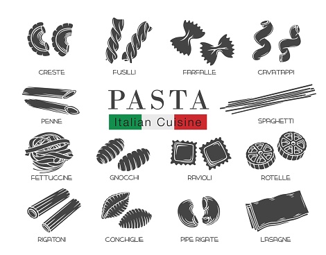 Types Italian pasta or macaroni, glyph vector illustration. Italian food of ravioli, gnocchi, fettuccine and farfalle. Monochrome pasta of fusilli, rotelle, create and conchiglie.
