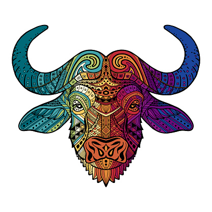 Patterned colorful head of a bull, bison. Abstract ethnic image of African buffalo with an unusual ornament. Colorful rainbow decoration painted by hand. Series of animals in the ethnic style. Logo.