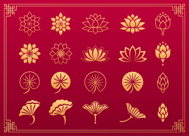 Lotus flower and leaves gold asian ornaments Lotus flower asian ornament. Chinese and Japanese gold ornaments of lotus flower, leaves and blossom isolated on red background with gold frame. Vector set of asian decorations. lotus flower stock illustrations