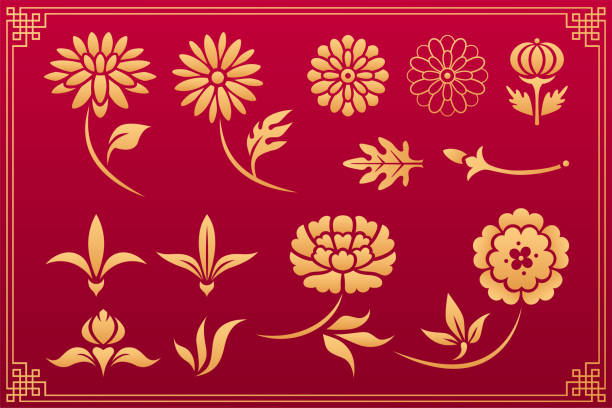 ilustrações de stock, clip art, desenhos animados e ícones de peony and chrysanthemum flowers and leaves gold asian ornament - flower china frame chinese culture