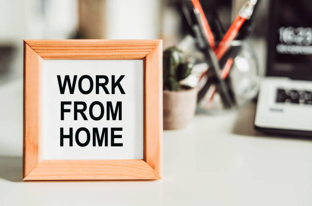 work from home message on wden frame on office table - today stationary personal organizer book imagens e fotografias de stock