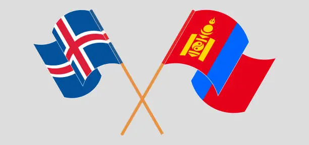 Vector illustration of Crossed and waving flags of Iceland and Mongolia