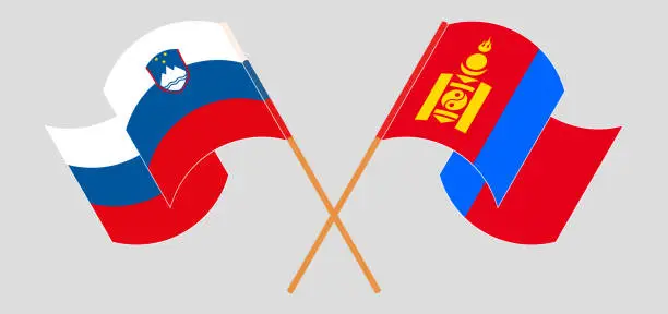 Vector illustration of Crossed and waving flags of Slovenia and Mongolia