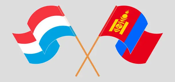 Vector illustration of Crossed and waving flags of Luxembourg and Mongolia