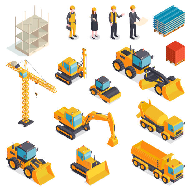 illustrations, cliparts, dessins animés et icônes de ensemble d’équipement de construction isométrique - earth mover bulldozer construction equipment digging