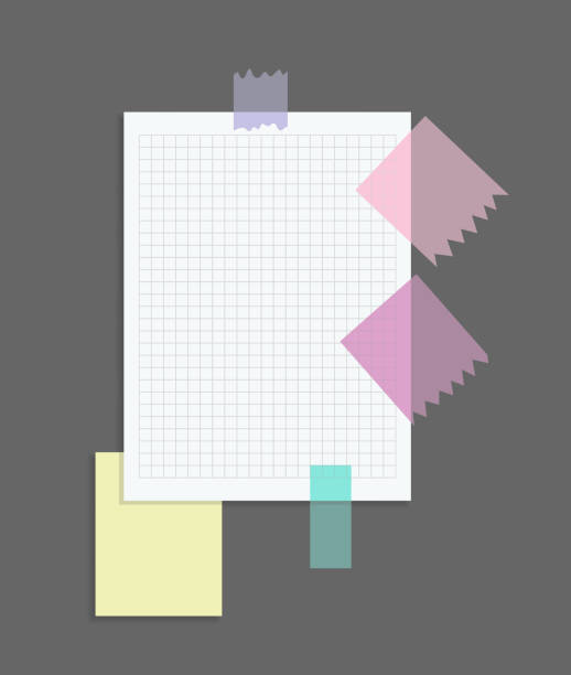 istock Paper notes stickers. Place for memo messages on paper sheets. Attached with sticky colorful tape on grey background isolated realistic vector illustration 1301736415