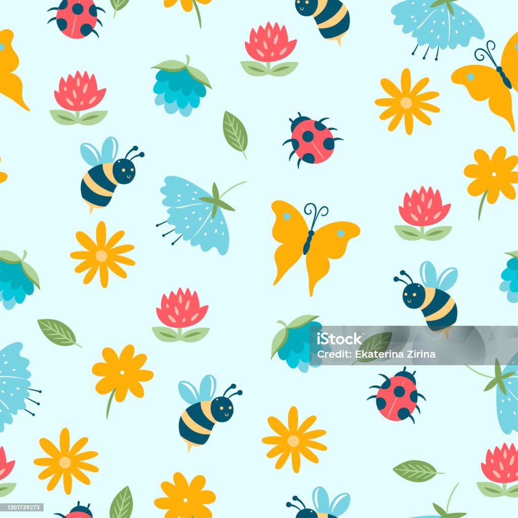 Spring Flower Insect Background Spring Seamless Pattern With Insects And Flowers Vector Graphics Stock ...