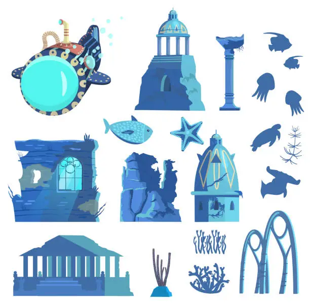 Vector illustration of Vector set of sunken ruins of ancient city , submarine, underwater animals and plants silhouettes.