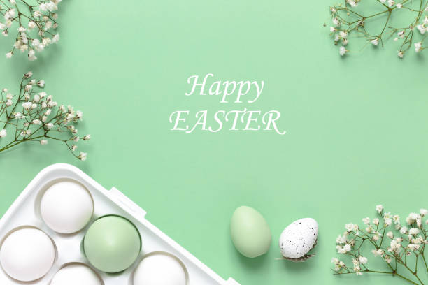 istock Easter eggs in a white holder and spring flowers on a green background. Copy space. 1301742223