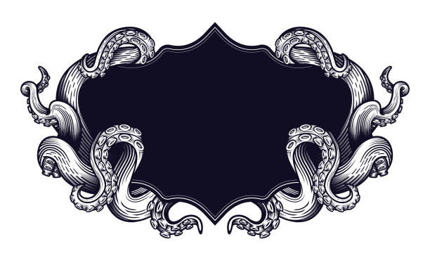 ilustraciones, imágenes clip art, dibujos animados e iconos de stock de tentáculos de un diseño de marco de etiqueta de pulpo. - octopus tentacle tentacle sucker animal