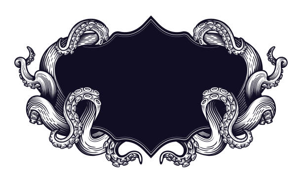 Tentacles of an octopus label frame design. Hand drawn vector illustration in engraving technique isolated on white. sea monster stock illustrations