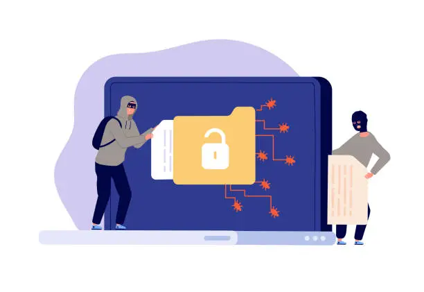 Vector illustration of Cyber phishing. Unsecured accounts, theft account identity. Social media breach attack, hacker scam on email or data fraud utter vector concept