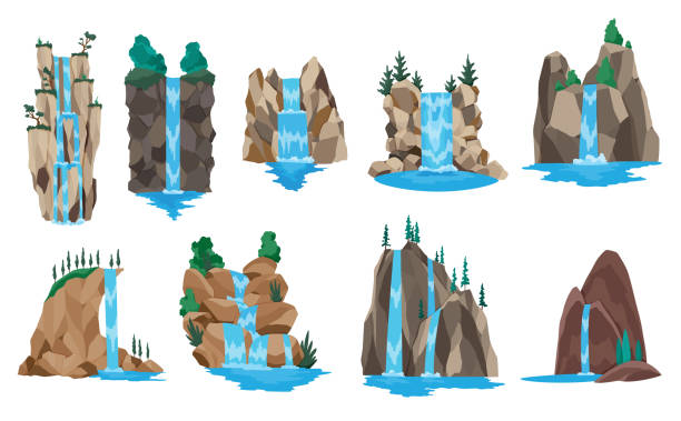 만화 강 폭포의 컬렉션. 산과 나무가 있는 풍경. 여행 브로셔 또는 일러스트 모바일 게임을 위한 요소를 디자인합니다. 신선한 천연 수 - waterfall stream river water stock illustrations