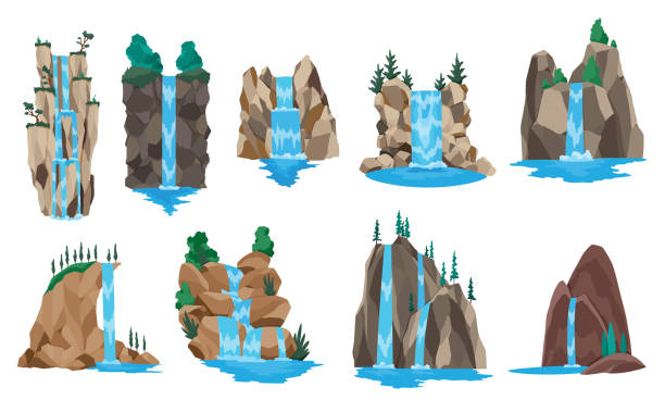 ilustrações de stock, clip art, desenhos animados e ícones de collection of cartoon river waterfalls. landscapes with mountains and trees. design elements for travel brochure or illustration mobile game. fresh natural water - waterfall falling water water backgrounds