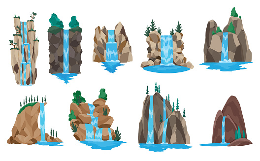 Collection of cartoon river waterfalls. Landscapes with mountains and trees. Design elements for travel brochure or illustration mobile game. Fresh natural water.