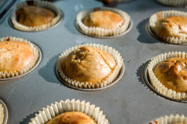 morning sunlight illuminates small cream and chocolate muffins, hot and steaming, fresh out of the oven ready for breakfast