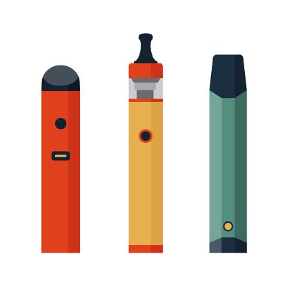Electronic Cigarettes set. E-cigarette for vaping. Different design vape pens. Hipster equipment for smoking. Flat cartoon vector illustration.