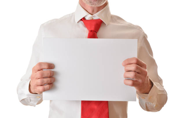 Man with shirt and tie showing white empty poster Man with shirt and tie showing white empty poster. Horizontal composition. man writing on white board stock pictures, royalty-free photos & images