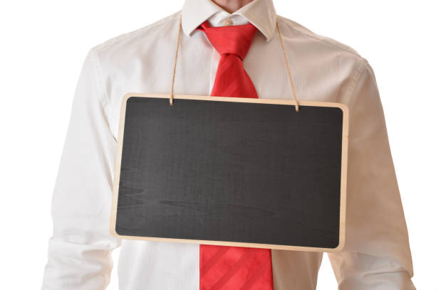 istock Man with shirt and tie with empty banner hanging 1301748720