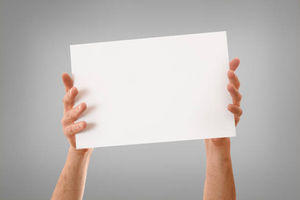 istock Two hands showing white sheet with stretched fingers isolated background 1301748754