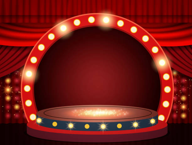 istock Background with red theatre curtain, retro arch banner and podium 1301749387