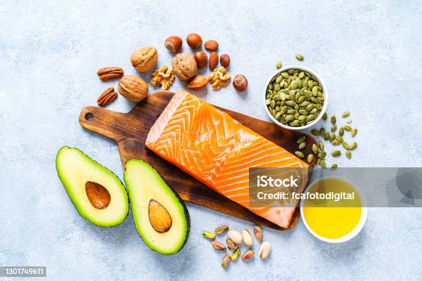 Food With High Content Of Healthy Fats Overhead View Stock Photo - Download Image Now