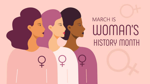 평평한 스타일에 여성 역사의 달 개념 벡터. 이벤트는 미국, 영국, 호주에서 3 월에 축하합니다. 웹, 포스터에 대한 소녀의 힘과 페미니즘 일러스트 - 역사 stock illustrations